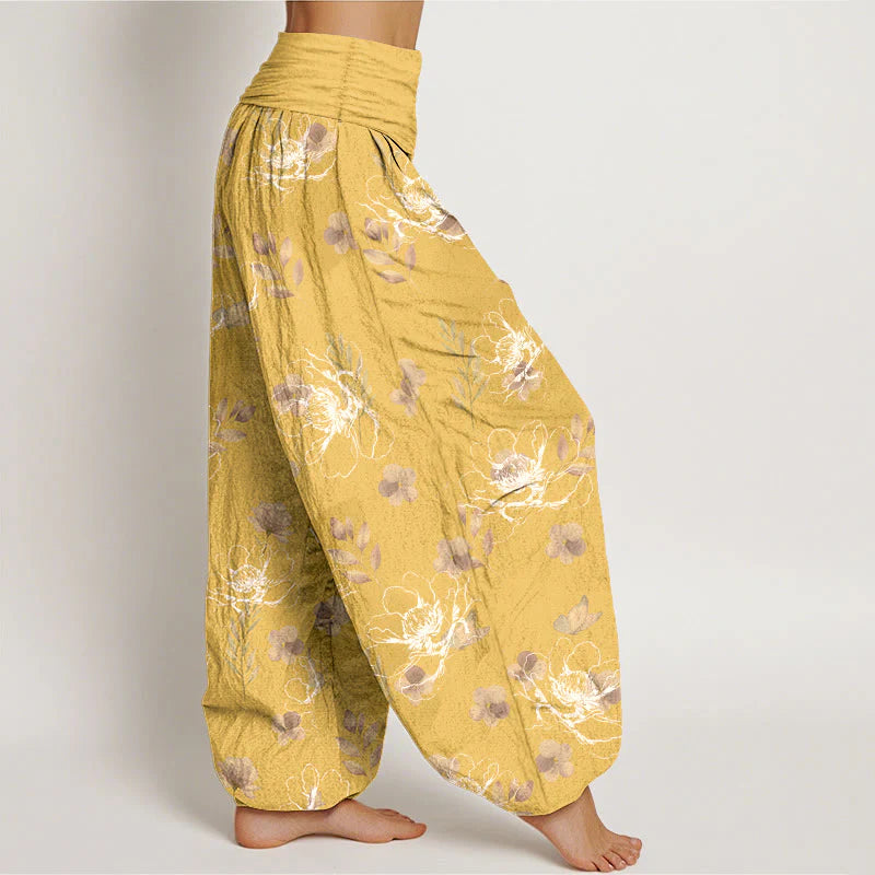Buddha Stones Cotton Exquisite Retro Flower Pattern Women's Elastic Waist Harem Pants