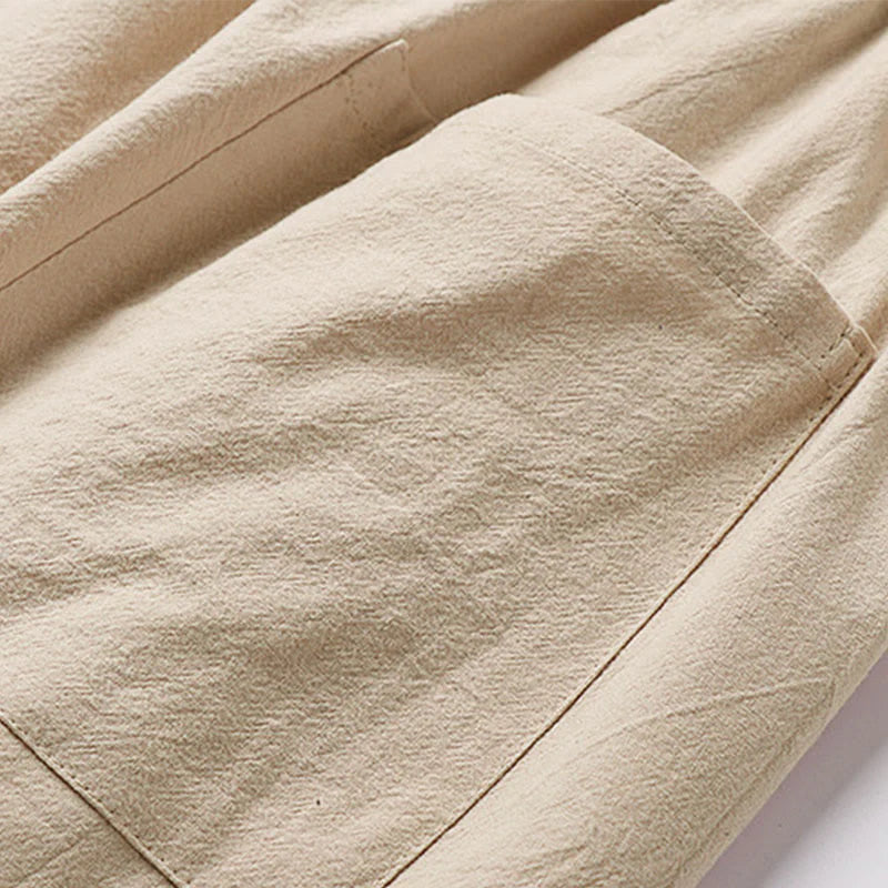 Buddha Stones Plain Drawstring Design Men's Capri Cropped Cotton Linen Wide Leg Pants With Pockets