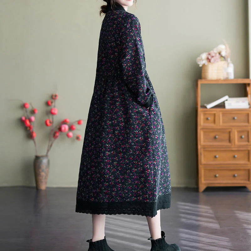 Buddha Stones Ethnic Printed Drawstring Long Sleeve Cotton Midi Dress With Pockets