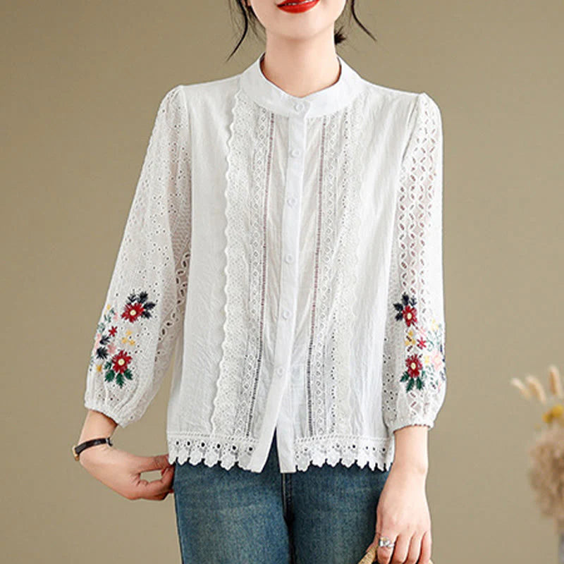 Buddha Stones Fall Lace Embroidery Flower Leaf Pattern Stand Collar Buttons Women's Long Sleeve Shirt