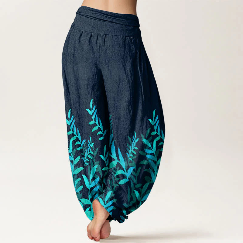Buddha Stones Cotton Casual Leaves Pattern Women's Elastic Waist Harem Pants