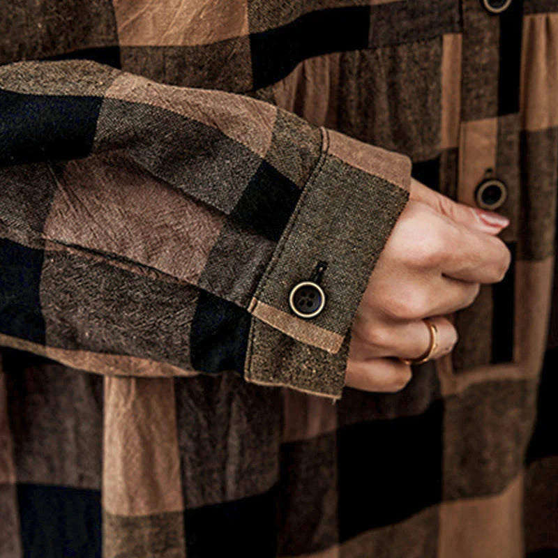 Buddha Stones Commute Patchwork Color Plaid Long Sleeve Cotton Midi Dress