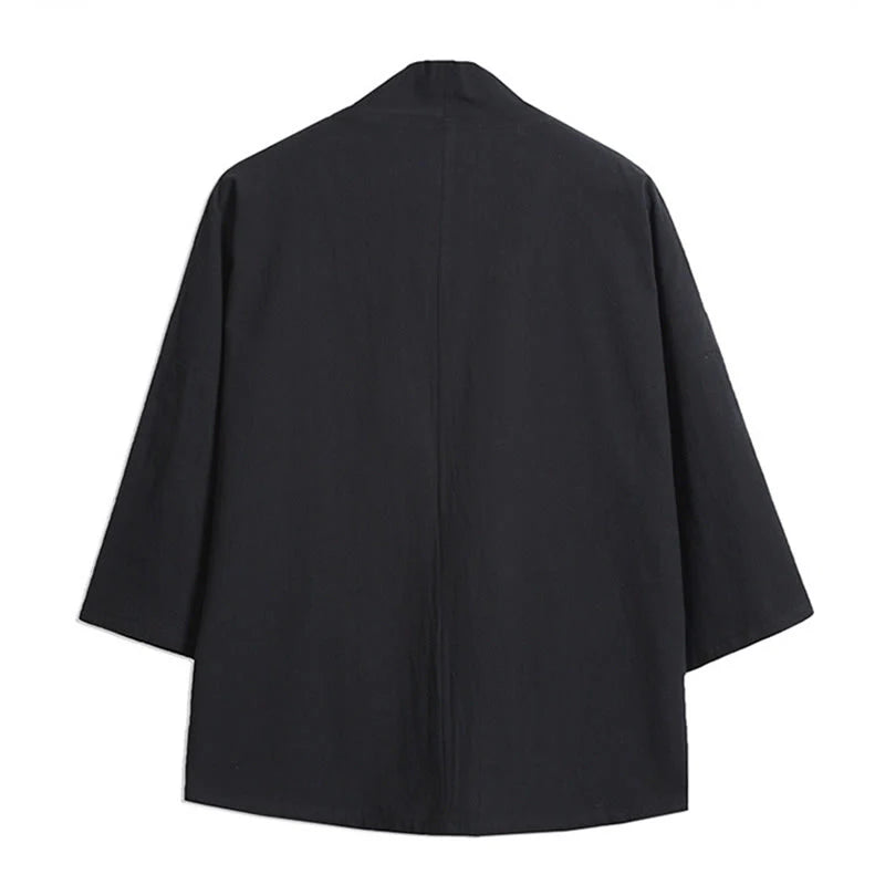 Buddha Stones White Crane Auspicious Clouds Embroidery Three Quarter Sleeve Men's Kimono