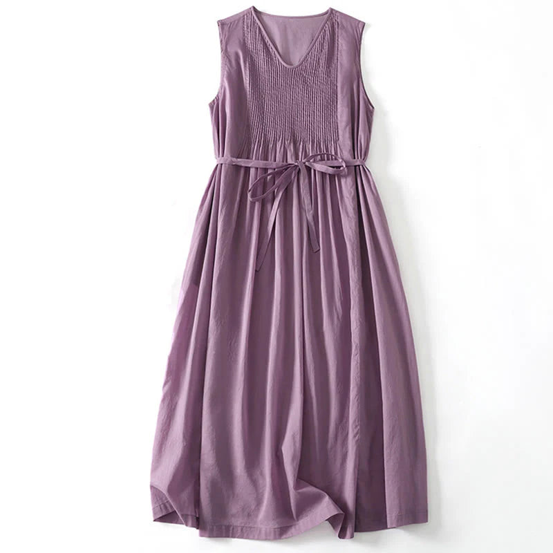 Buddha Stones Solid Color Accordion Design Sleeveless Cotton Midi Dress With Pockets