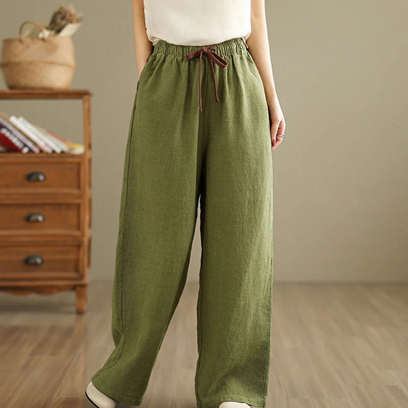 Buddha Stones Commute Retro Solid Color Women's Harem Drawstring Cotton Pants With Pockets