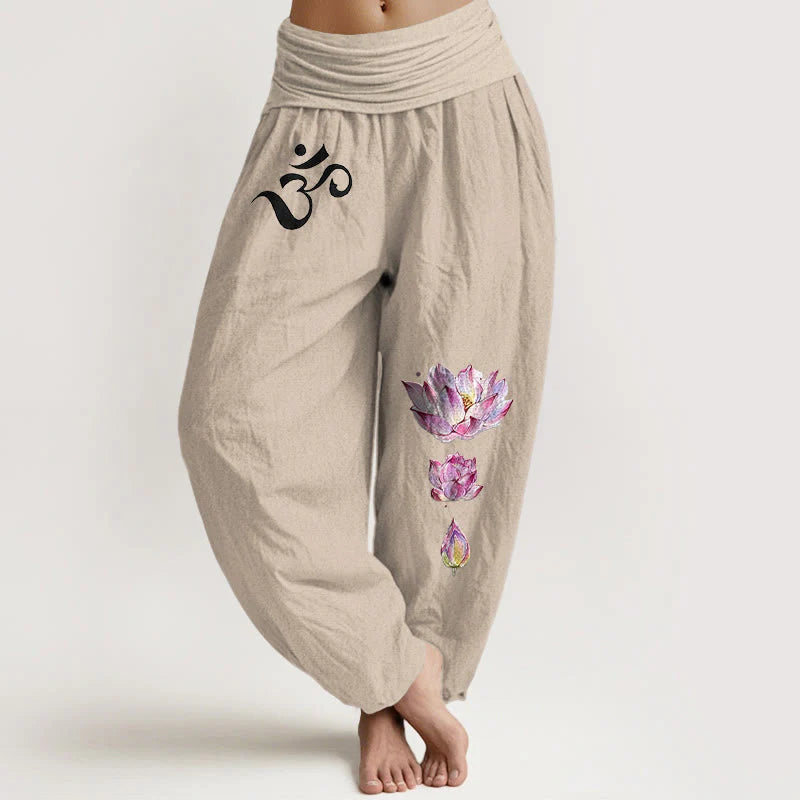 Buddha Stones Blooming Lotus Om Symbol Pattern Women's Elastic Waist Harem Pure Cotton Pants