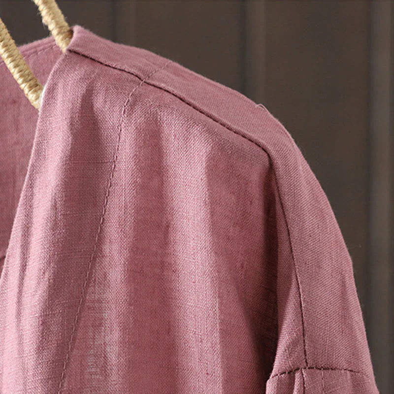 Buddha Stones Pure Color V-neck Women's Cotton Jacket With Pockets