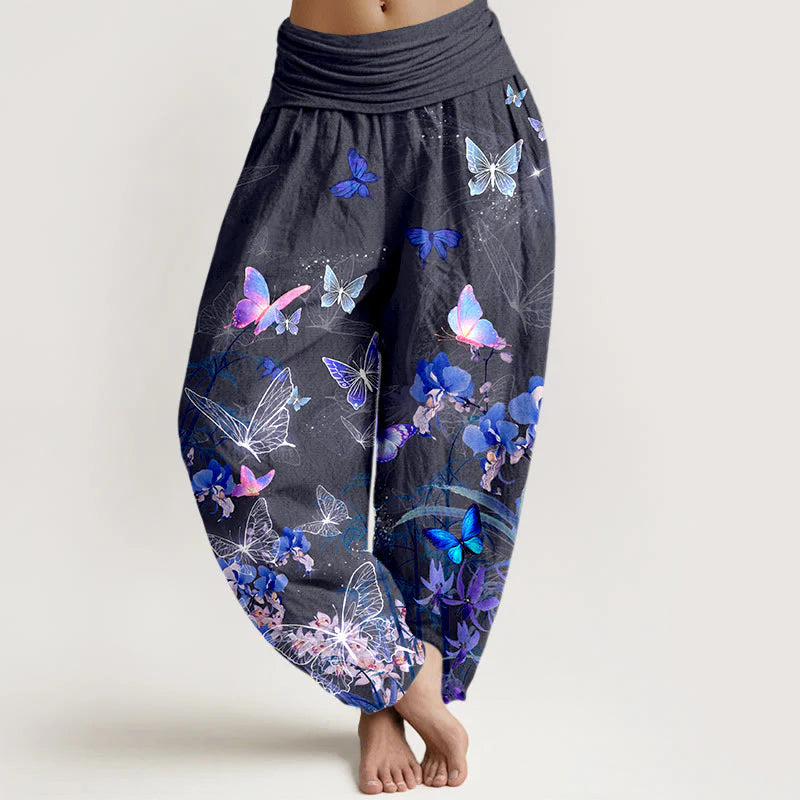 Buddha Stones Pure Cotton Dreamlike Butterfly Flower Grass Bamboo Pattern Women's Elastic Waist Harem Pants