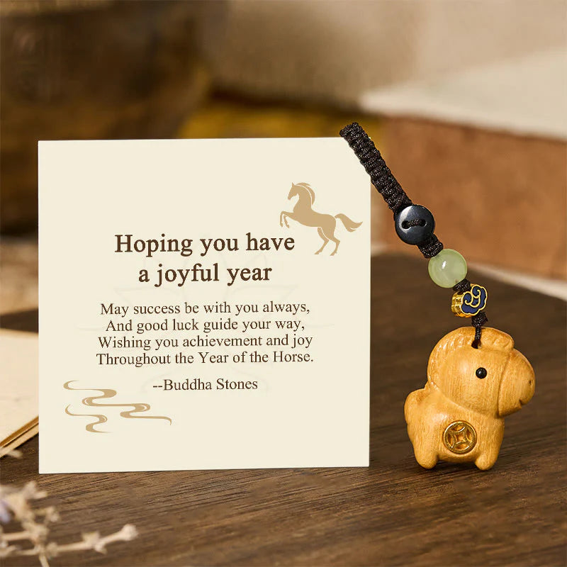 Buddha Stones Hoping You Have a Joyful Year Year of the Horse Rainbow Eucalyptus Small Leaf Red Sandalwood Key Chain Includes Gift Message Card