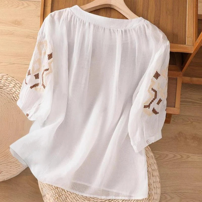 Buddha Stones Casual Symmetrical Embroidery Women's Crew Neck Design Half Sleeve Spandex T-shirt