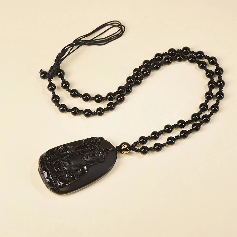 Buddha Stones Ksitigarbha Buddha Pattern Black Obsidian Fulfilment Necklace Pendant