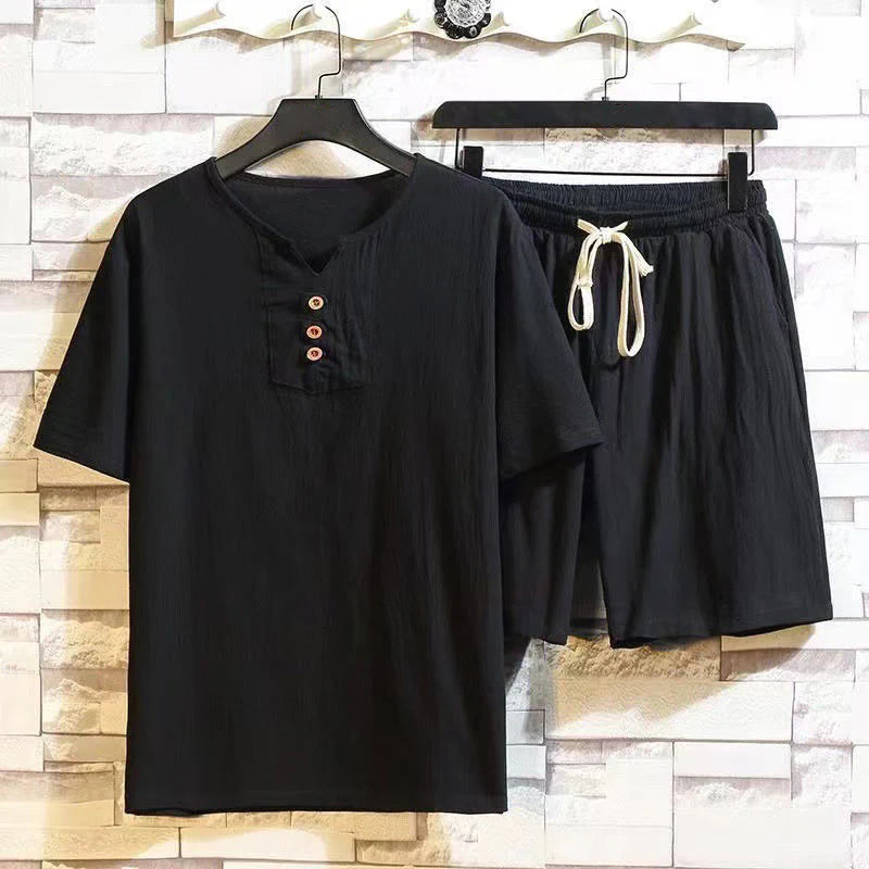 Buddha Stones 2Pcs Short Sleeve T-Shirt Drawstring Short Pants With Pockets Men's Cotton Linen Meditation Cloth Set