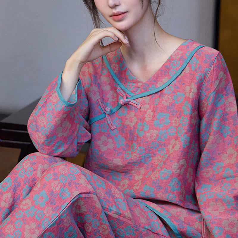 Buddha Stones 2pcs Floral Pattern Frog-Button Long Sleeve Round Neck Shirt Pants Cotton Pajamas Set
