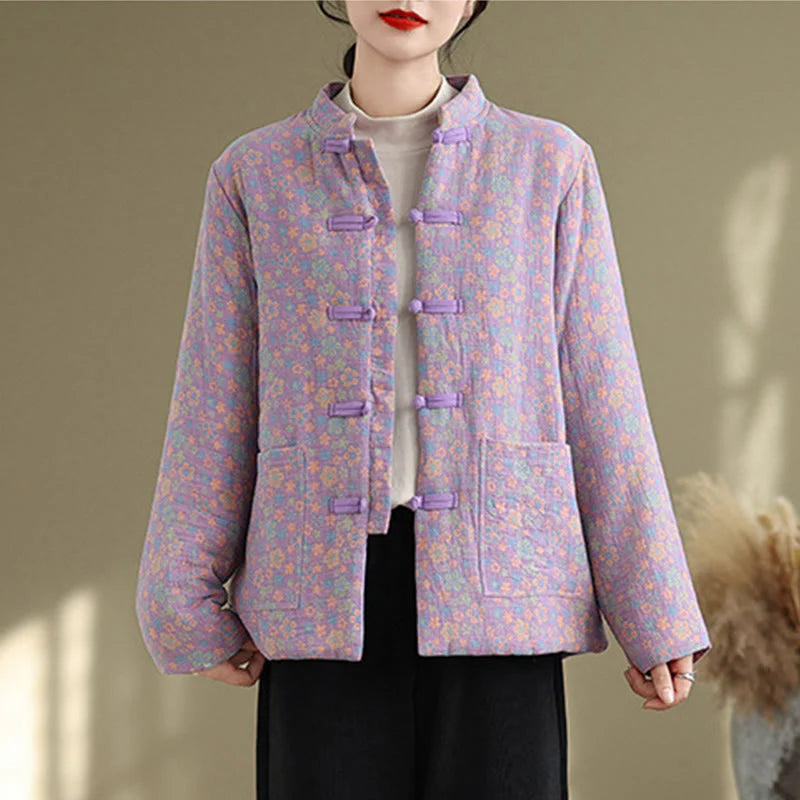 Buddha Stones Women's Winter Thicken Cotton Floral Pattern Long Sleeve Jacket With Pockets
