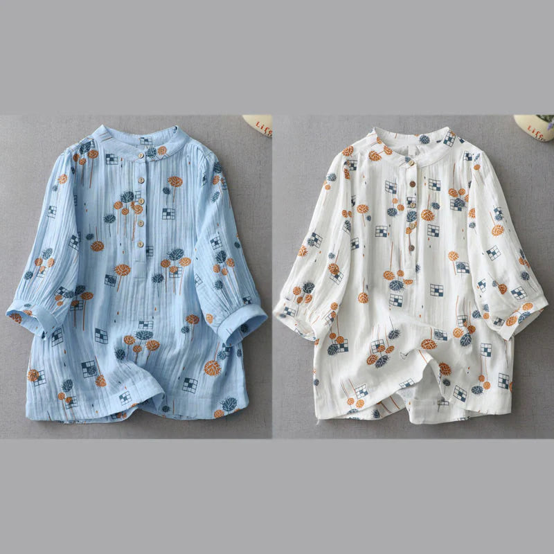 Buddha Stones Printed Half Button DesignThree Quarter Gathered Sleeve Women's Cotton Shirt