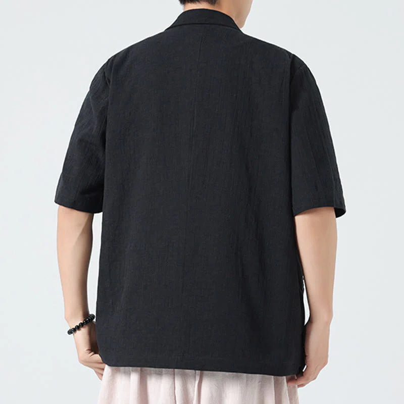 Buddha Stones Spring Plain Asymmetrical Lapel Collar Short Sleeve Men's Cotton Linen Shirt With Pockets