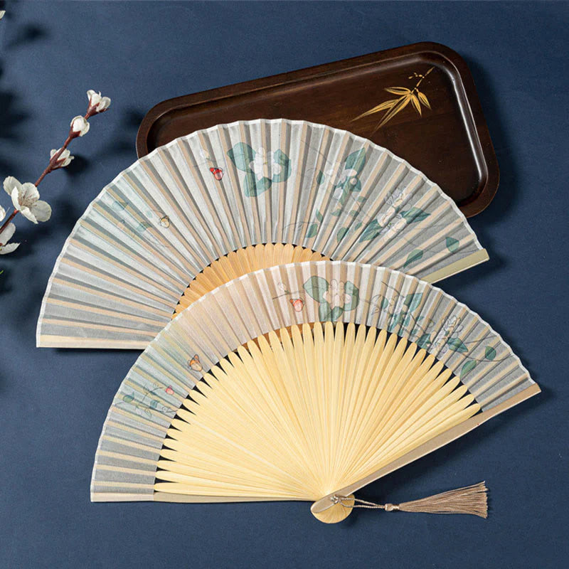 Buddha Stones Lotus Begonia Flower Jasmine Handheld Bamboo Folding Fan 21cm