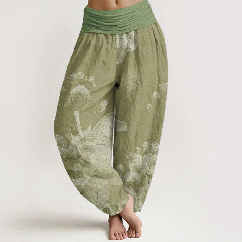 Buddha Stones Cotton Pink And White Lotus Women's Elastic Waist Harem Pants