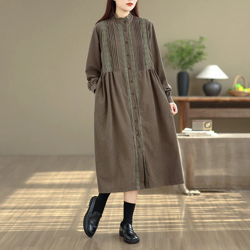 Buddha Stones Winter Pleated Buttons Down Long Sleeve Corduroy Women's Midi Dress With Pockets