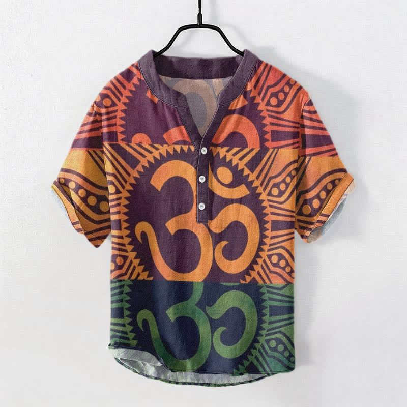 Buddha Stones Cotton Om Emblem Men's Short Sleeve Half Button Shirt