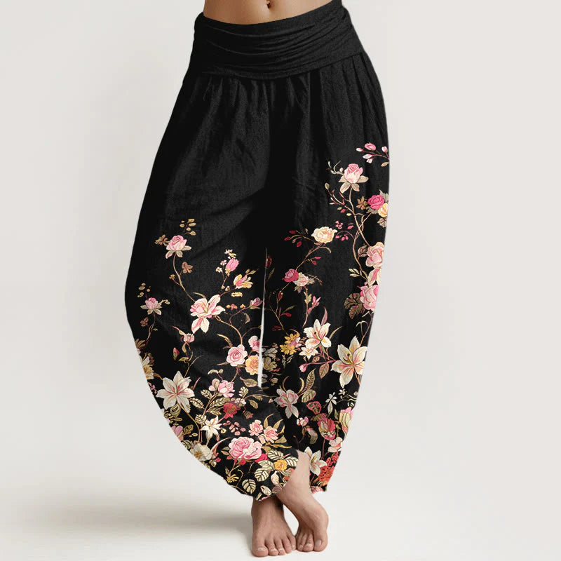 Buddha Stones Pure Cotton Exquisite Colorful Flower Pattern Women's Elastic Waist Harem Pants