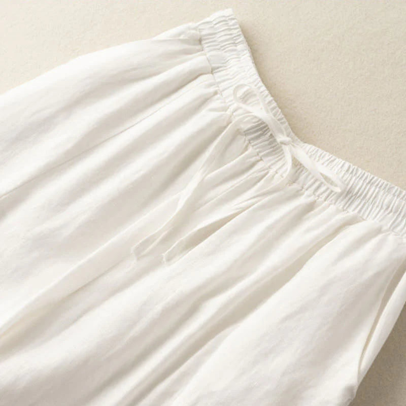 Buddha Stones Plain Color 7-8 Length Capri Cropped Pants Cotton Linen Women's Wide Leg Pants With Pockets
