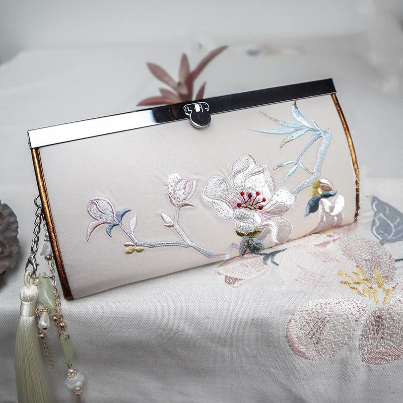 Buddha Stones Magnolia Flower Double-sided Embroidery Large Capacity Cash Holder Wallet Shopping Purse