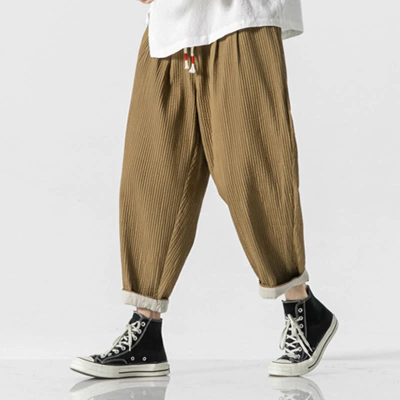 Buddha Stones Fall Solid Color Drawstring Men's Ankle-Length Harem Pants With Pockets
