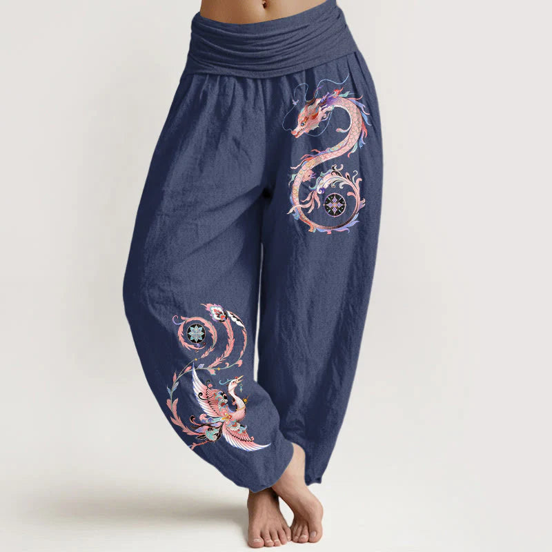 Buddha Stones Cotton Flying Dragon Phoenix Pattern Women's Elastic Waist Harem Pants