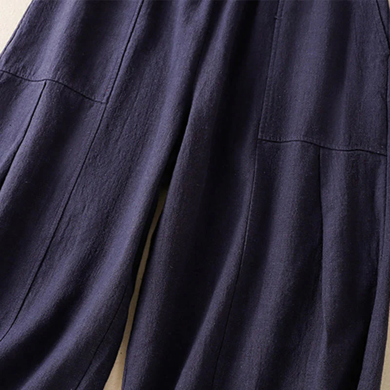 Buddha Stones Plain Simple Design High Waist Women's Cotton Linen Harem Pants With Pockets
