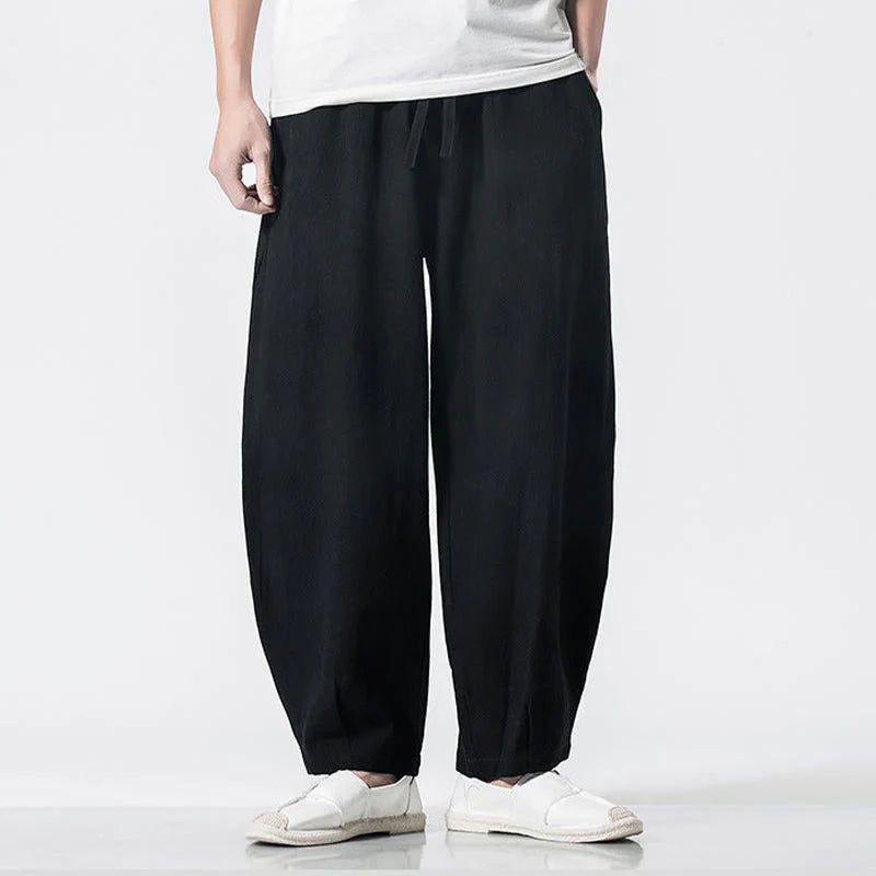 Buddha Stones Drawstring Elastic Waist Ankle-Length Men's Cotton Pants With Pockets