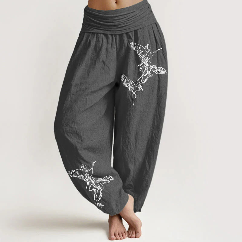 Buddha Stones Flying Crane Pattern Women's Elastic Waist Harem Cotton Pants