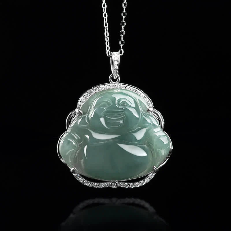 Buddha Stones Laughing Buddha Natural Jade Luck Necklace Titanium Steel Chain Pendant