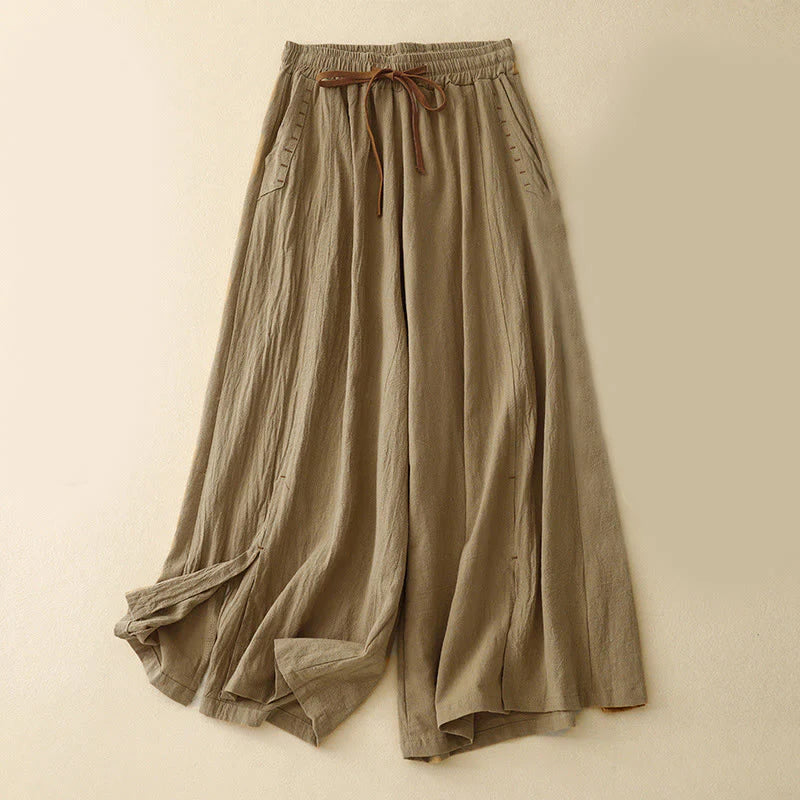Buddha Stones Casual Side Slits Design Cotton Women's Wide Leg 7-8 Length Pants With Pockets
