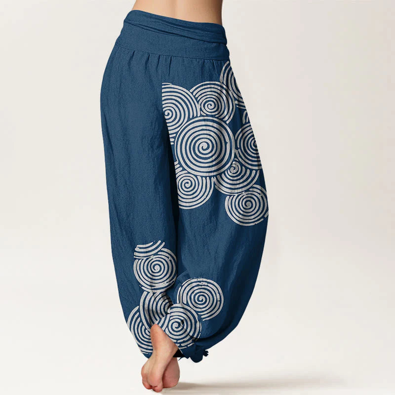 Buddha Stones Printed White Spiral Pattern Women's Elastic Waist Harem Pure Cotton Pants