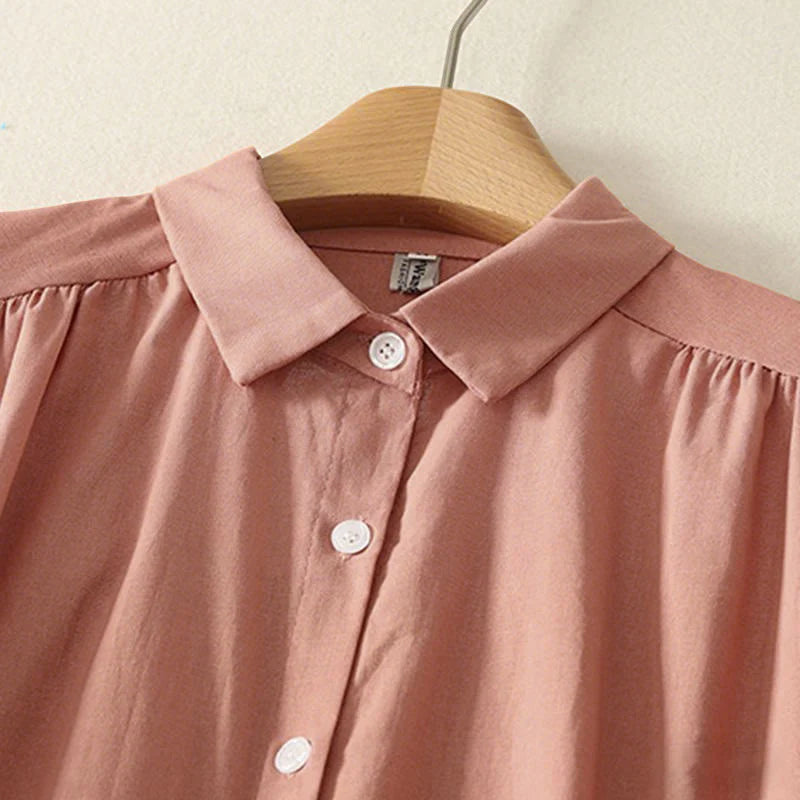 Buddha Stones Fall Solid Color Lapel Buttons Long Sleeve Cotton Midi Dress With Pockets