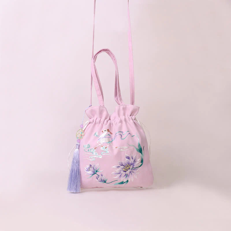 Buddha Stones Suzhou Embroidery Lotus Deer Epiphyllum Peony Rabbit Cotton Linen Tote Crossbody Bag Shoulder Bag Handbag