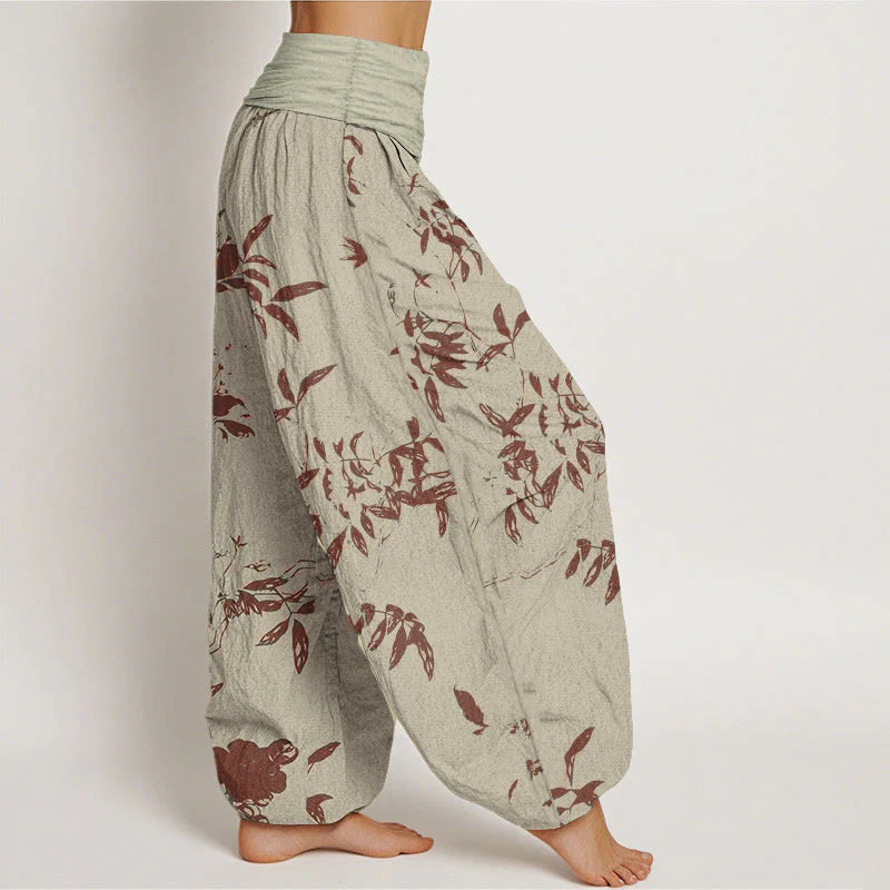 Buddha Stones Pure Cotton Branch Pattern Women's Elastic Waist Harem Pants