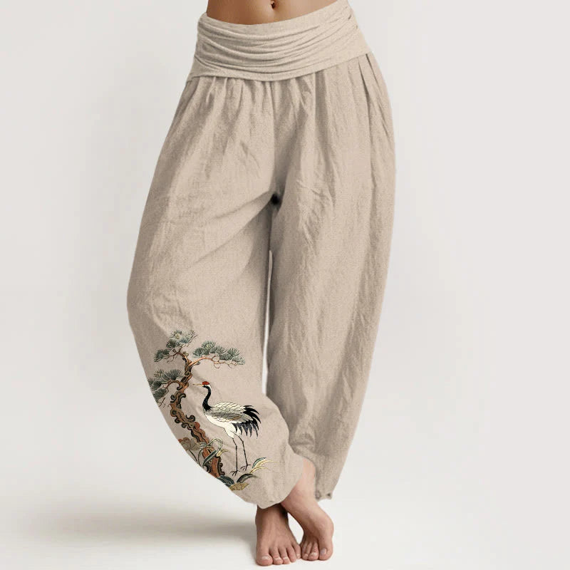 Buddha Stones Pure Cotton Crane Pine Tree Flower Grass Pattern Women's Elastic Waist Harem Pants