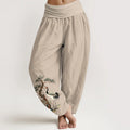 Buddha Stones Pure Cotton Crane Pine Tree Flower Grass Pattern Women's Elastic Waist Harem Pants