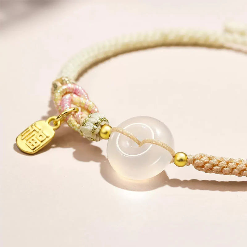 Buddha Stones Handmade White Agate Peace Buckle Luck Happiness Protection Weave String Bracelet