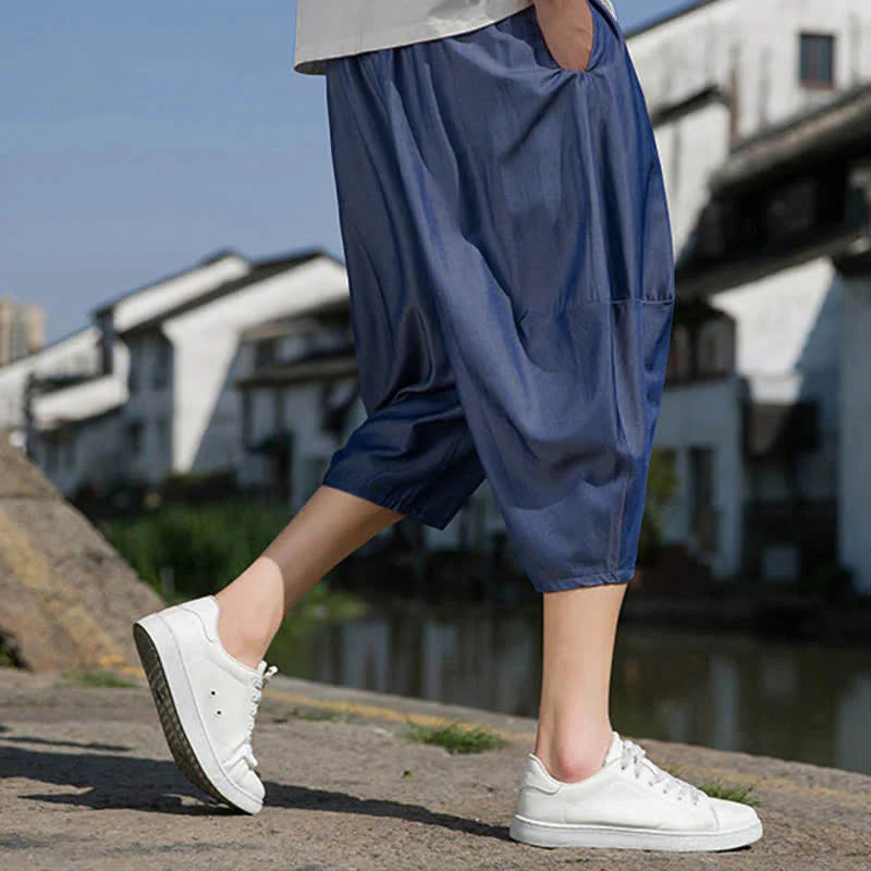 Buddha Stones Summer Elastic Waist Drawstring Solid Color Half Men's Tapered Pants With Pockets
