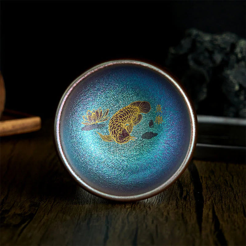 Buddha Stones Handmade Chinese Jianzhan Koi Fish Lotus Leaf Ceramic Teacup Kung Fu Tea Cup 150ml