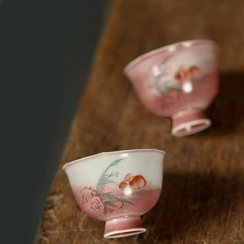 Buddha Stones Hand-painted Rabbit Orchid Flower Begonia Ceramic Teacup Kung Fu Tea Cup 75ml