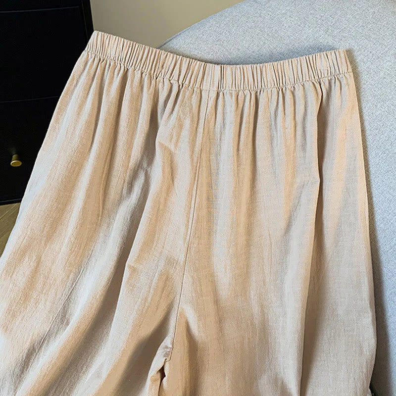 Buddha Stones Casual Beige Embroidery Women's Wide Leg Cotton Linen Pants With Pockets