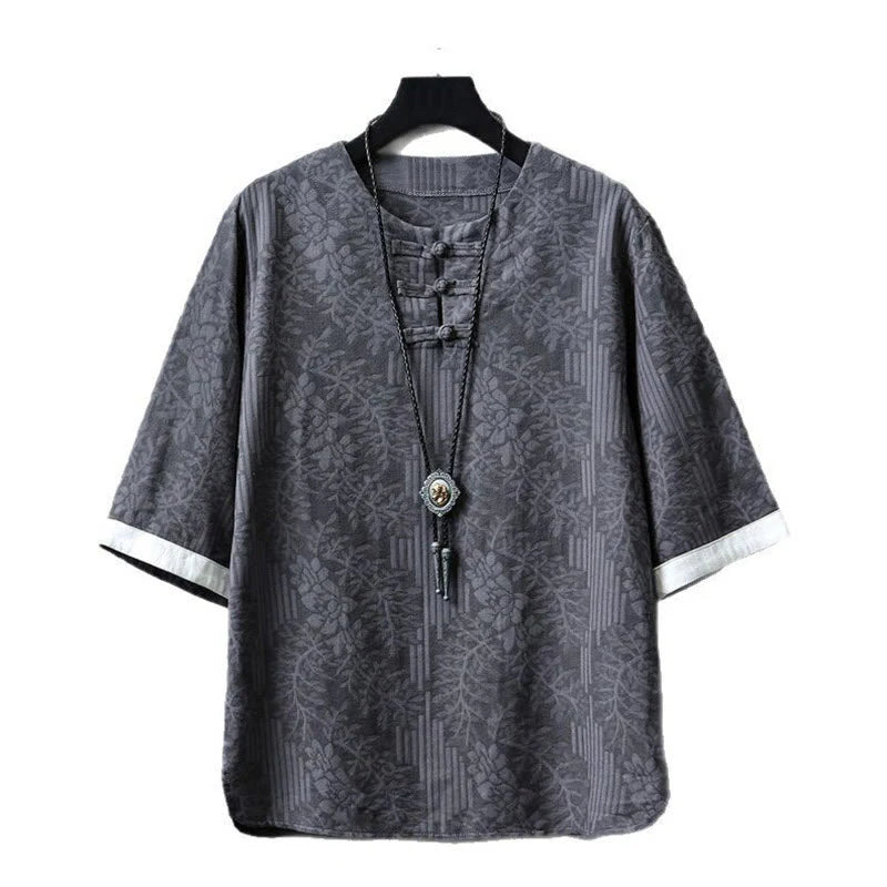 Buddha Stones Casual Retro Jacquard Chinese Frog-Button Design Men's Crew Neck Half Sleeve Cotton Shirt