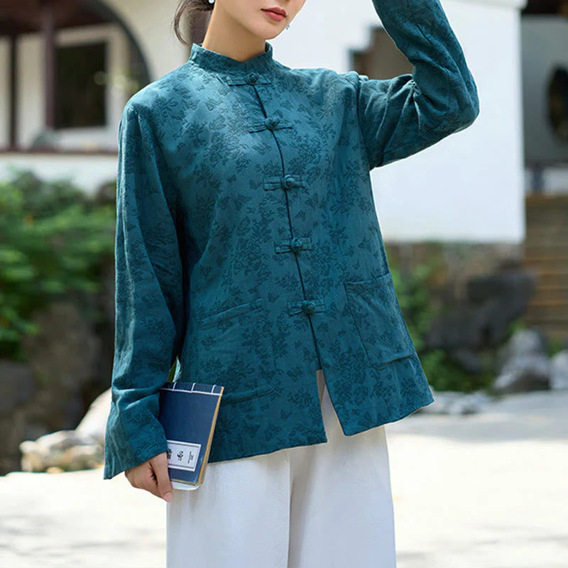 Buddha Stones Frog-Button Long Sleeve Cotton Jacquard Women's Shirt Pants With Pockets