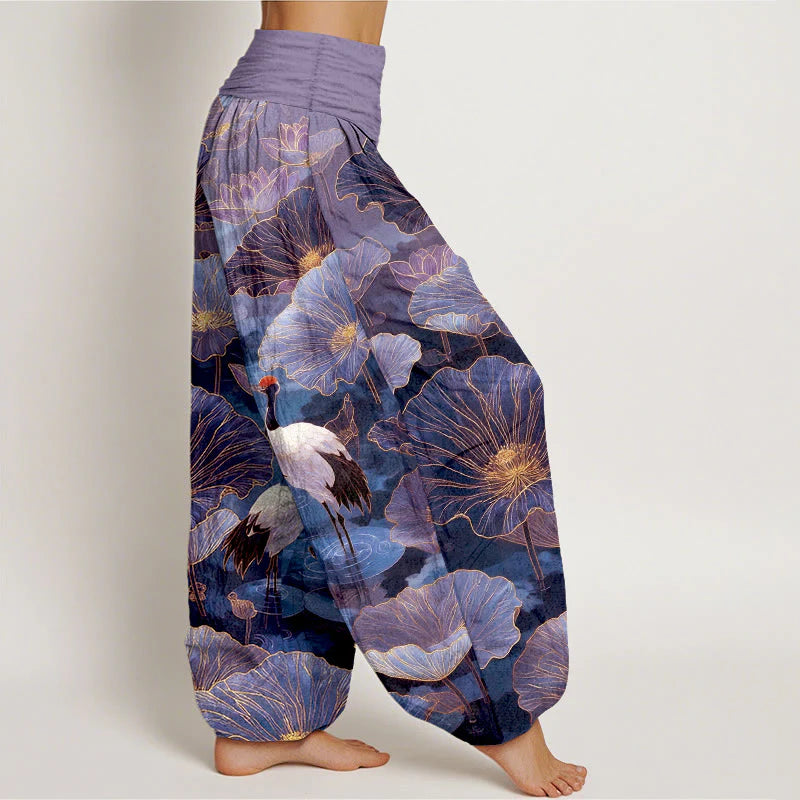 Buddha Stones Pure Cotton Elegant Crane Lotus Flower Leaf Pattern Women's Elastic Waist Harem Pants