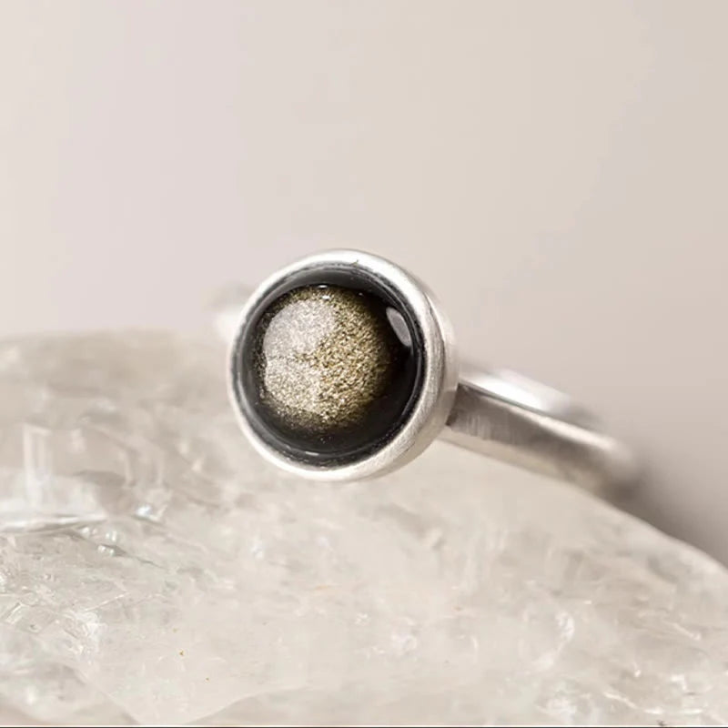 Buddha Stones Natural 925 Sterling Silver Gold Sheen Obsidian Adjustable Wealth Ring