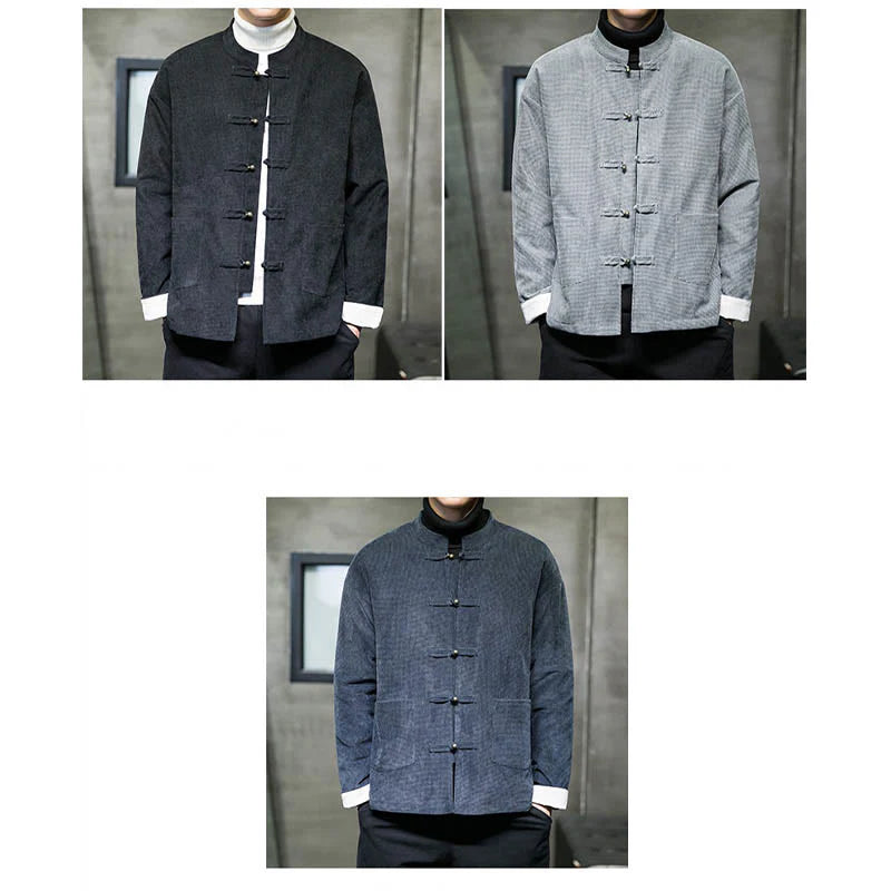 Buddha Stones Solid Color Frog-button Men's Jacket Shirt Clothing